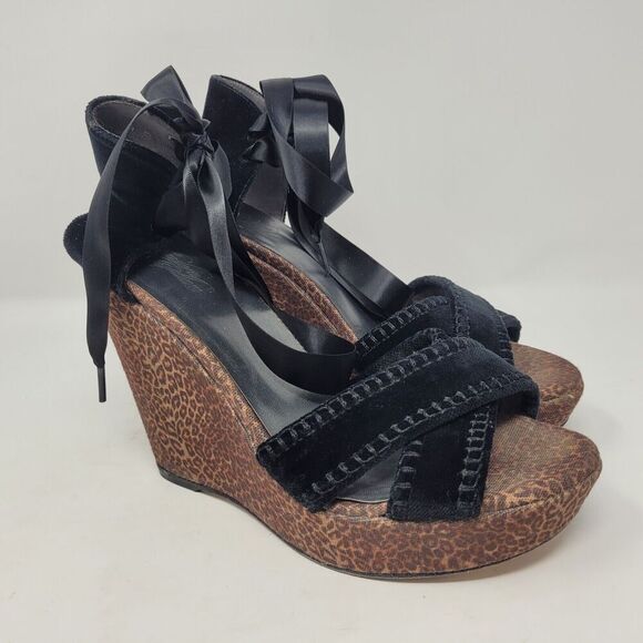 Stuart Weitzman Sandals Womens 9 Cheetah Print Wedge Platform Velvet Ankle Ties - Picture 1 of 10